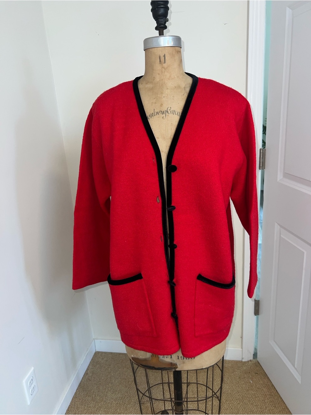 Pendleton Red Wool Cardigan with Black Trim